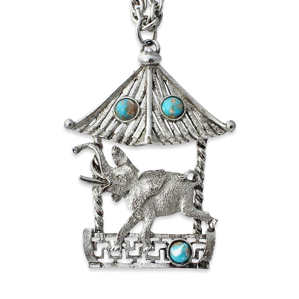 Vintage Elephant Pendant Necklace Turquoise Glass Silver Tone Pagoda Trunk Up